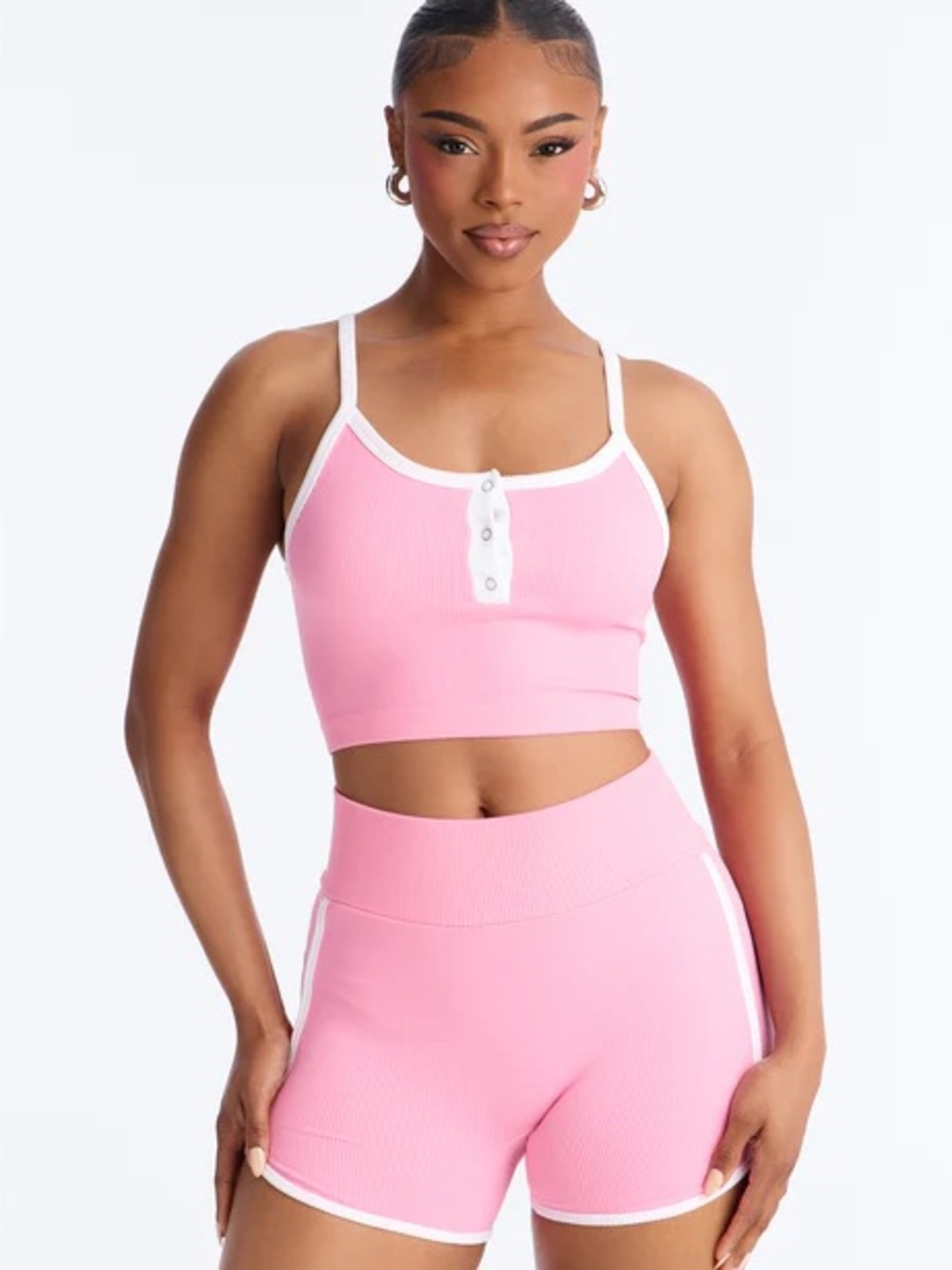Fashion Nova Pink Ribbed Cropped Tank & High-Waist Shorts Set